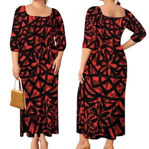 Abito Comodo in Poliestere e Cotone, Abbigliamento Polinesiano Plus Size per Donne, Elegante Vestito Lungo a Sirena con Maniche a Sbuffo - Product Image 1