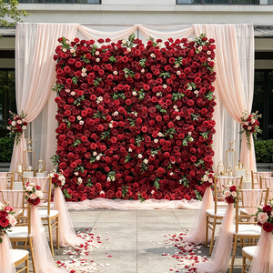 DKB Vente en gros de fleurs artificielles en soie, panneau mural floral de 8 pieds x 8 pieds, fond de scène de mariage avec roses rouges - Product Image 1
