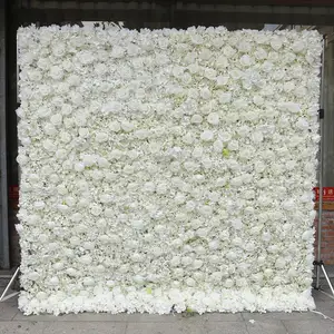 Kualitas tinggi 3d 5d kain putih bunga buatan dinding menggulung tirai bunga latar belakang dinding untuk pernikahan acara dekorasi