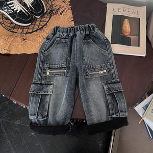 Jeans en molleton pour enfants-Pantalons longs épais et chauds pour garçons d'hiver-Pantalons de travail rétro multi-poches - Product Image 1