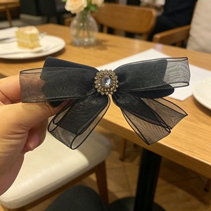 Luxury rhinestone <b>bow</b> hair <b>clip</b>, velvet French high-end bangs <b>clip</b>, textured organza Korean style - Product Image 1