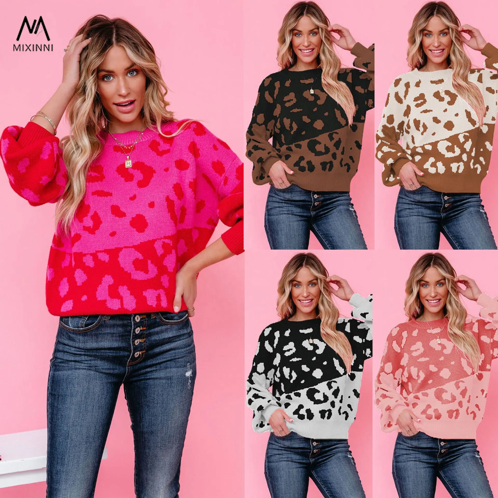 MXN SF1190 round neck leopard women's sweater,two-color patchwork knitted sweater,fashion women tops pullover sweater for women