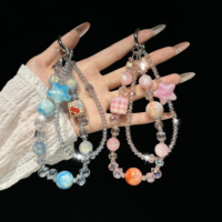 Chaîne de téléphone à double brin plaqué cristal, breloque étoile, cordon de poignet anti-chute, sangle multicolore, porte-clés de sac, cadeau bijou pour fille