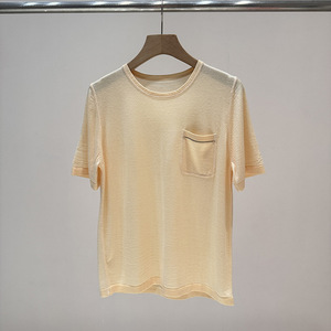 Minimal Knit T-Shirt for Women, Old Money Style Short Sleeve <b>Top</b> with Pocket Detail, Elegant Premium Vibe - Product Image 4
