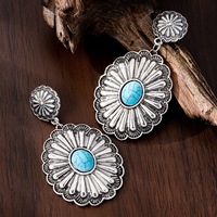 Boucles d'oreilles pendantes rustiques de style western avec concho, pour femme, en alliage plaqué argent antique, ornées de turquoise, pour cowgirl