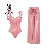 Maillot de bain une pièce rétro JSN et jupe de plage, maillot de bain élégant et luxueux pour femmes avec strass