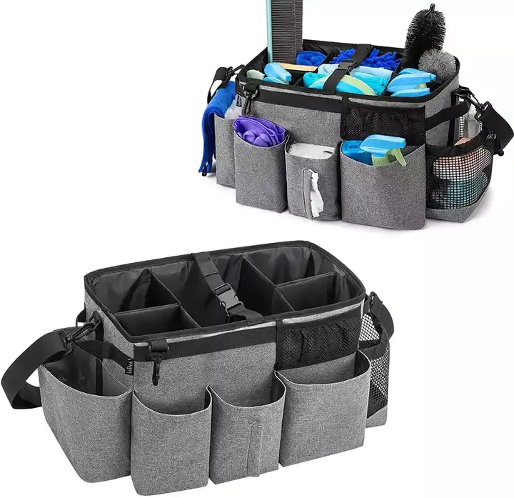 Grey Wearable Cleaning Caddy Bag with 4 Foldable Dividers Cleaning Supply  Tote