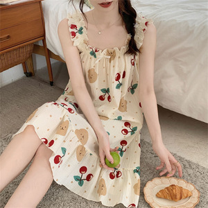 Cute French Style Slip Dress Cream <b>Pink</b> Cherry <b>Bear</b> Print Summer Thin Loose Nightgown For Women Smlxlxxl - Product Image 2