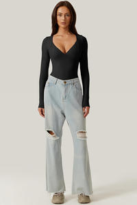 AMZNセクシーなディープVネックボディスーツひも付きボトムシームレスカップゴーイングアウトトップシャツ女性用長袖ボディスーツ - Product Image 4