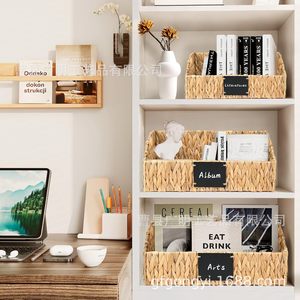 Water Hyacinth Woven <b>Storage</b> <b>Basket</b> Rectangle Beige With Chalkboard Label For Fruits And Cosmetics Desktop Organizer - Product Image 3