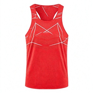 GURUNA-Z-INDUSTRY Men's <b>Red</b> Sleeveless Tank <b>Top</b> Crew Neck Geometric Print Breathable Knitted 100% Cotton Embroidery Sporty - Product Image 1