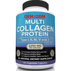 Tipe I II III V X pil Multi kolagen 2250mg 180 kapsul kolagen terhidrolisasi Protein kolagen peptida untuk wanita dan pria