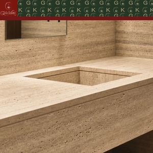 GOLDKING <span class=keywords><strong>Lavabo</strong></span> Doble de Grado Comercial, Moderno, Montado en la Pared, con Encimera de Travertino, Vetas Beige Cálido, Poros Naturales, Tamaño Personalizado OEM - Product Image 5
