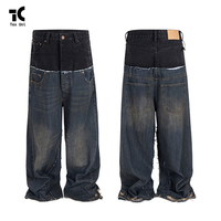 American High Street Unique Two Tone Design Relaxed Fit Versatile Couple Style Straight Leg Denim Jeans