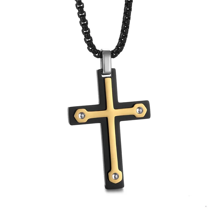 Double cross nail pendant 2 tone black gold plated stainless steel religious fashion jewelry