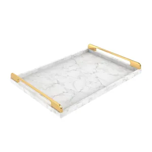 Paint Rectangle Food Nesting Home Restaurant Serving Tray Stylish Wooden Lacquer Marble Mdf White with Golden Handles All-season