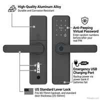 Serrure de porte intelligente noire mate avec empreinte digitale, contrôle à distance via l'application Tuya, stockage cloud, Wi-Fi/ pour portes en bois et en aluminium