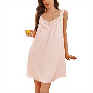 Women's Summer Satin Silk Nightgown & Nightdress Lace <b>Trim</b> V-Neck Sleeveless Soft High Rise Casual Loose Cozy Sleepwear - Product Image 2