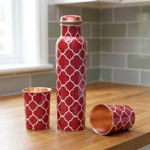Enamel Copper Water Bottle Round Metal Flask with Lid and Cup Pattern <b>Drinkware</b> for Home Office Travel Gift - Indian Home Crafts - Product Image 1