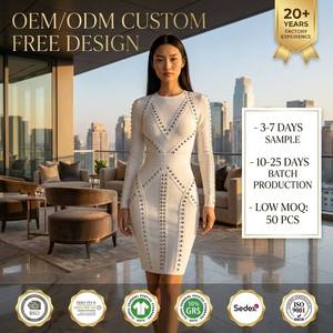 Custom 2026 Sexy Striped Woolen Women's Midi for <strong>Dress</strong> <strong>with</strong> Embellished <strong>Long</strong> <strong>Sleeves</strong> for Fall Club Party Fashion - Product Image 1