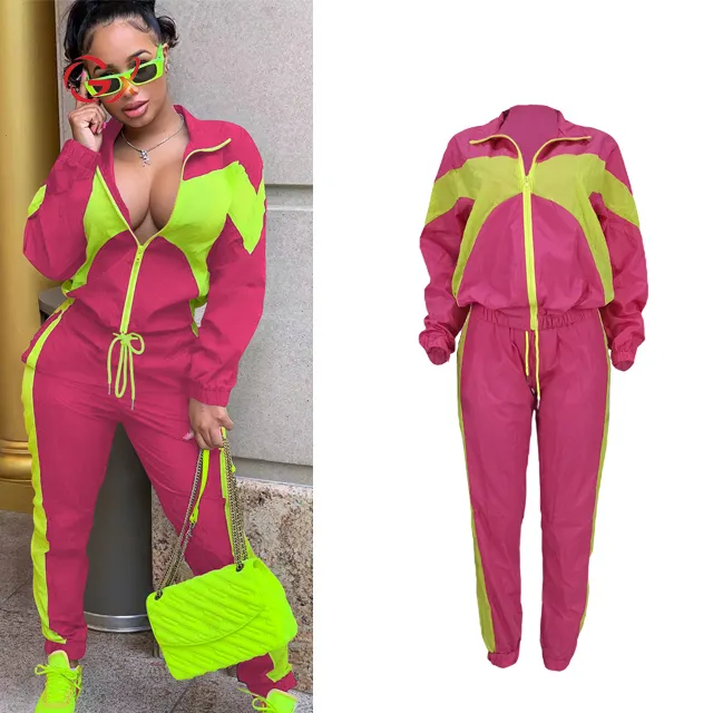 GX8669 Fashion Casual Sport Tracksuits Long Sleeve Color Patchwork Jacket and Pant Matching Suit Women 2 Piece Set