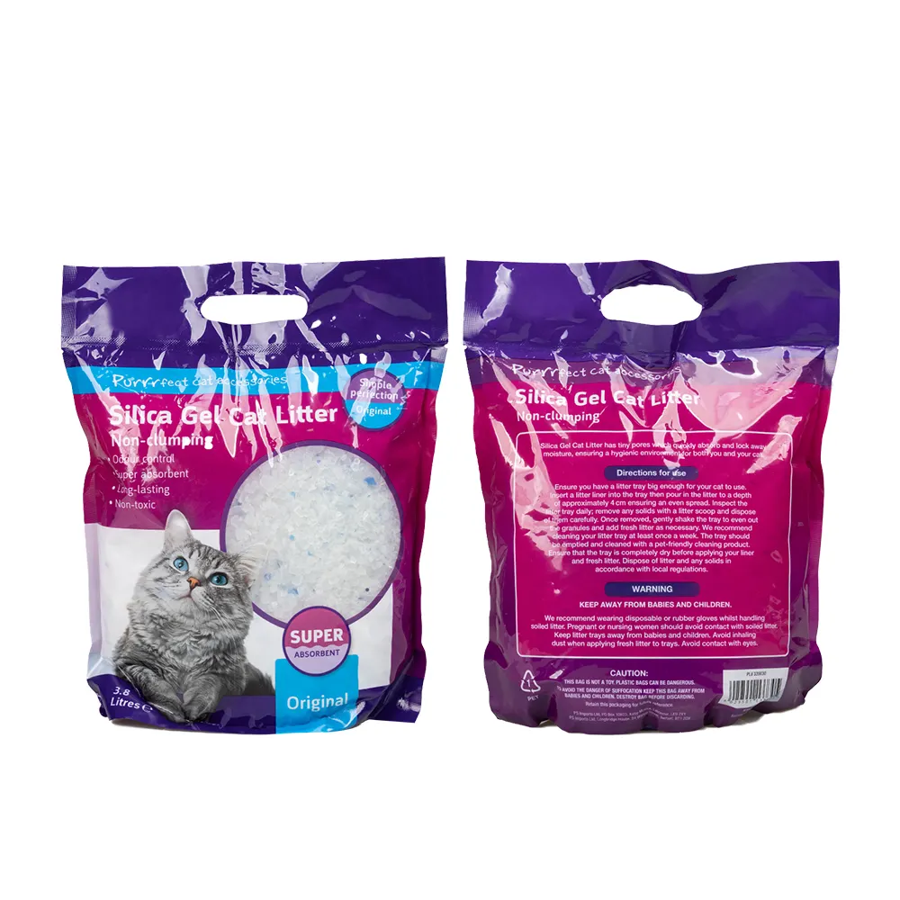 Produsen Sangat Menyerap Biru 3,8l Gel Silika Arena Para Gato Bebas Debu Mikro Kristal Kotoran Kucing Pasir untuk Koleksi Urin