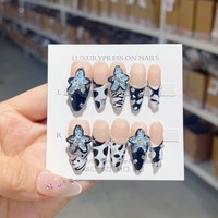 Lot de 10 faux ongles à presser faits à la main, couvrance totale, forme amande, motifs floraux personnalisés pré-dessinés pour doigts