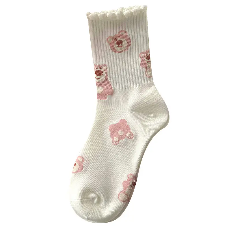 HY-3272 rose chaussettes femmes mi-mollet longueur ins tendance automne et hiver Corée du Sud mignon ours doux étudiant bas de sport