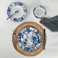 Ensemble de 24 assiettes à dîner en céramique élégante, motif floral oriental bleu, vaisselle élégante pour usage personnel