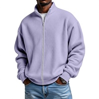 Blouson Bomber Homme Style Américain Effet Vieilli Minimaliste Couleur Unie Col Montant en Maille Gaufrée avec Fermeture Éclair sur le Devant en Polyester