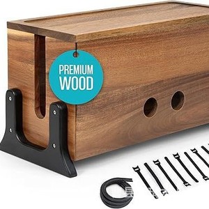 Caja organizadora de cables y datos de madera para escritorio, caja organizadora de cables para router, regleta de enchufes y cable de alimentación, de madera maciza. - Product Image 2