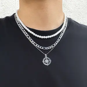 Pearl Necklace Jewelry Set for Men Layered Mens Silver Chain Faux Pearl Choker Compass Pendant 3PCS Necklace Set for Men