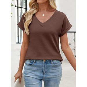 Camiseta de punto tipo gofre para mujer, manga corta, cuello en V, informal, básica, de verano, tejido suave para el trabajo y las vacaciones - Product Image 3