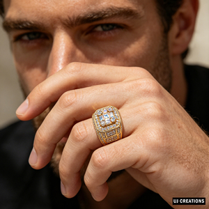 Bague de cocktail de luxe en or jaune avec diamants de laboratoire taille baguette sertis pavé, design géométrique, bijoux de fête pour homme - Product Image 3