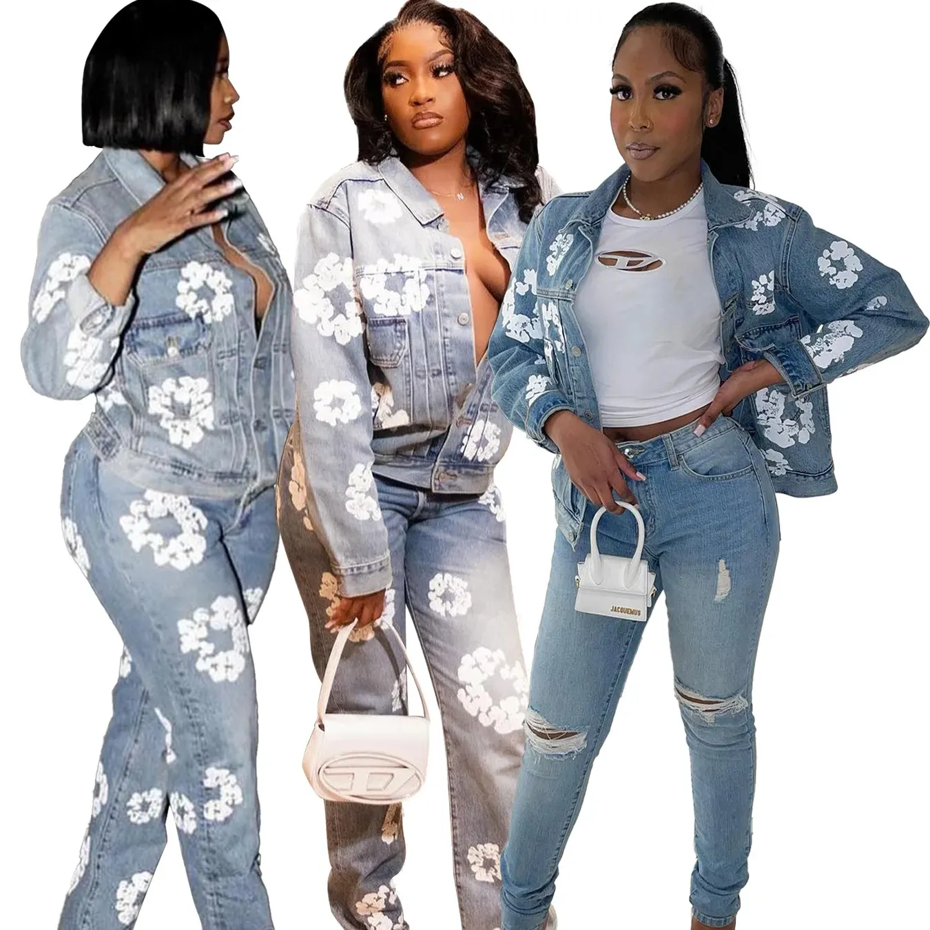 2024 spring boutique designer denim jeans flower print jackets women's coats