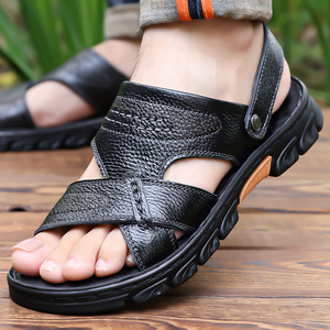 รองเท้าแตะหนังวัวสายไขว้สำหรับผู้ชาย พื้นหนา กันลื่น รองเท้าลำลองชายหาด สีน้ำตาล สีดำ - Product Image 4