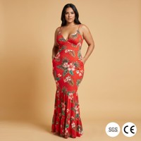 Robe longue sirène empire en viscose rouge vif à motifs floraux, grande taille, sexy, col en V, avec poches, tenue d'été mexicaine, personnalisable OEM, du S au 5X