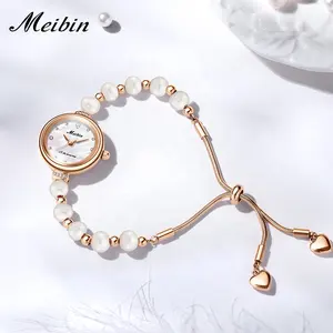 Meibin woman wrist watch gift light luxury lady wear style quartz hand watch pearl natural stone bracelet watch for girl