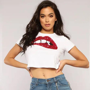Camisetas cortas <span class=keywords><strong>de</strong></span> cuello redondo para niñas, Camisa <span class=keywords><strong>de</strong></span> algodón con lentejuelas personalizadas, 220gsm, novedad - Product Image 1