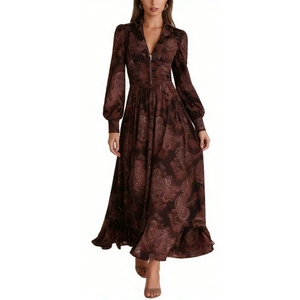 เดรสยาวพิมพ์ลายเพสลีย์สไตล์วินเทจสำหรับผู้หญิง แขนยาว ซิปด้านหน้า ทรงพลิ้วไหว ชุดราตรีแฟชั่น - Product Image 4