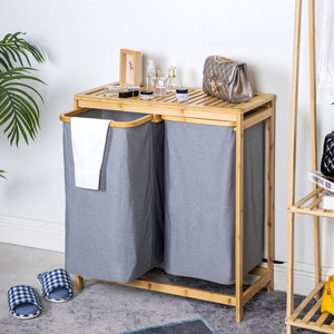<b>Laundry</b> Storage Rack With Two Bins Bamboo Frame For Bathroom Clothes Organization Floor <b>Standing</b> Rectangle Design - Product Image 1
