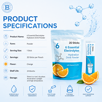 Poudre d'électrolytes instantanée 0 calorie, 0 sucre, hydratation rapide avec calcium, potassium et magnésium, gestion de l'énergie, 20 sachets