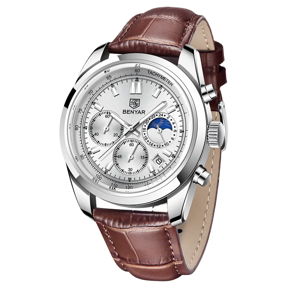 Relojes Hombre Benyar 5193 Original Brand Fashion Herren Chronograph Uhren Leder Quarzuhr
