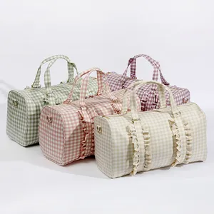 Keymay Hot Sale High Quality 5 Colors Cute Weekend Bag Sports Travel Handbag Carry on Luggage Bag Gingham Ruffle Gym Duffle Bag