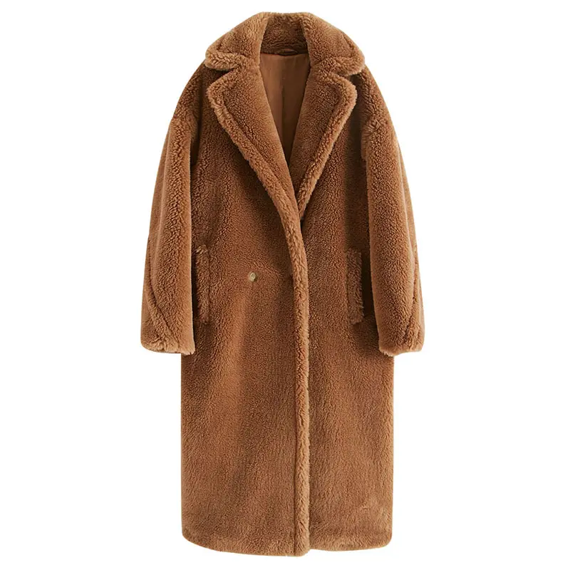 Custom 100% Lamb Fur Long Trench Classic Teddy Coat Winter Shearling Coat Women Real Fur Over Sized Teddy Bear Coat