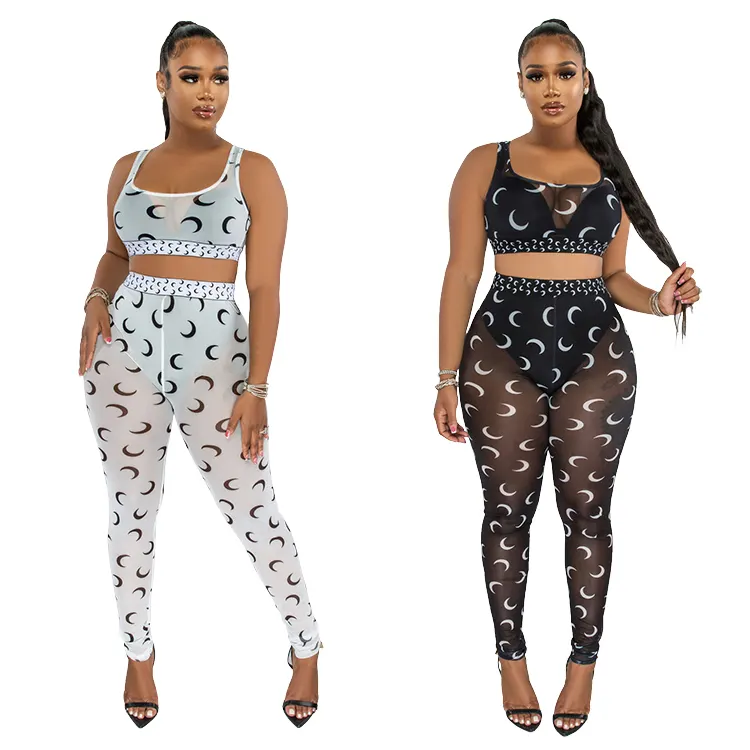 CY9683 women's daily wear 2 piece set moon printed mesh yoga crop top and pants without underwear