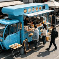 Camion de restauration motorisé, cuisine commerciale autopropulsée, générateur intégré, alimentation de secours sans interruption