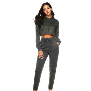 Chándal deportivo para mujer, sudadera con capucha, Top corto, pantalones para trotar, 2 uds. - Product Image 5