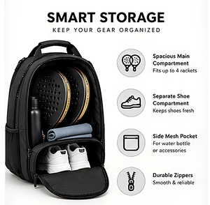 Grand sac de raquette de padel noir résistant à l'eau, léger, durable, sac à dos de sport pour le tennis, les voyages et la plage - Product Image 5