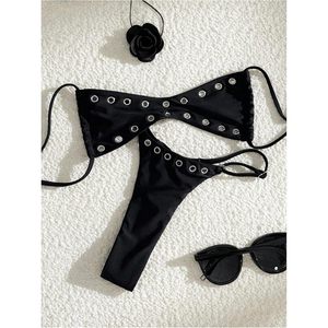FOXA Ensemble bikini 2 pièces pour femme, bandeau et string avec œillets, maillot de bain extensible, tenue de plage estivale - Product Image 5
